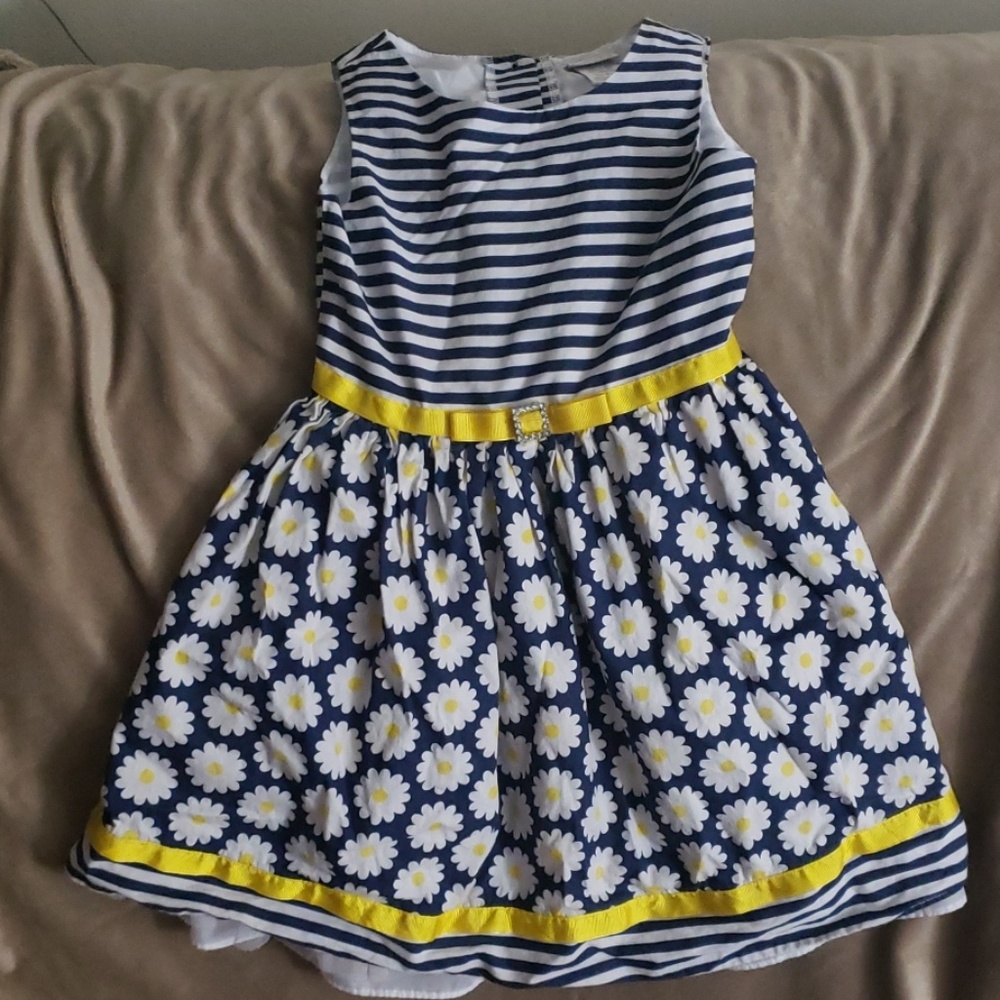 Navy, white, and yellow striped and floral dress